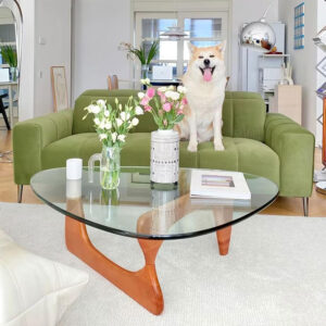 Small Coffee Table Modern Glass Coffee Table, Mid Century Coffee Table for Living Room, Mesa de Centro para Sala, Rustic Oval Coffee Table with Glass Top & Wood Base, (Walnut Brown, 31.5in)