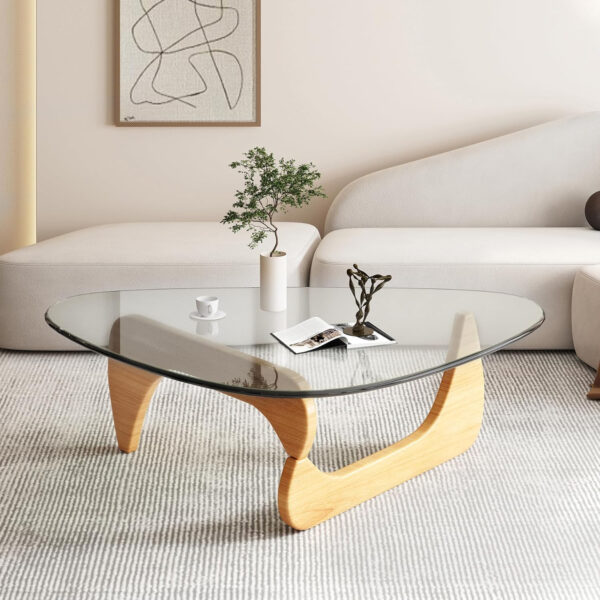 Small Coffee Table Modern Glass Coffee Table, Mid Century Coffee Table for Living Room, Mesa de Centro para Sala, Rustic Oval Coffee Table with Glass Top & Wood Base, (Walnut Brown, 31.5in)
