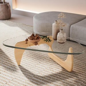 Small Coffee Table Modern Glass Coffee Table, Mid Century Coffee Table for Living Room, Mesa de Centro para Sala, Rustic Oval Coffee Table with Glass Top & Wood Base, (Walnut Brown, 31.5in)