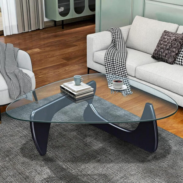 Small Coffee Table Modern Glass Coffee Table, Mid Century Coffee Table for Living Room, Mesa de Centro para Sala, Rustic Oval Coffee Table with Glass Top & Wood Base, (Walnut Brown, 31.5in)