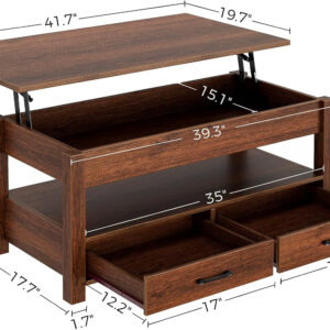 Rolanstar Coffee Table, Lift Top Coffee Table with Drawers and Hidden Compartment, Retro Central Table with Wooden Lift Tabletop, for Living Room,Espresso