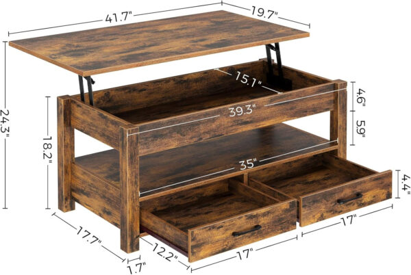 Rolanstar Coffee Table, Lift Top Coffee Table with Drawers and Hidden Compartment, Retro Central Table with Wooden Lift Tabletop, for Living Room,Espresso