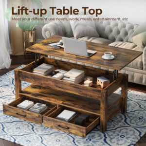 Rolanstar Coffee Table, Lift Top Coffee Table with Drawers and Hidden Compartment, Retro Central Table with Wooden Lift Tabletop, for Living Room,Espresso