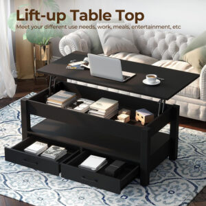 Rolanstar Coffee Table, Lift Top Coffee Table with Drawers and Hidden Compartment, Retro Central Table with Wooden Lift Tabletop, for Living Room,Espresso