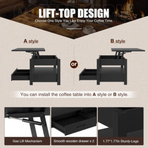 Rolanstar Coffee Table, Lift Top Coffee Table with Drawers and Hidden Compartment, Retro Central Table with Wooden Lift Tabletop, for Living Room,Espresso