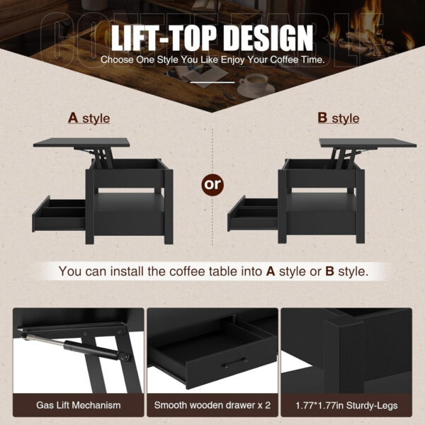 Rolanstar Coffee Table, Lift Top Coffee Table with Drawers and Hidden Compartment, Retro Central Table with Wooden Lift Tabletop, for Living Room,Espresso
