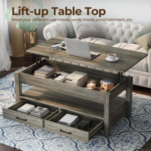Rolanstar Coffee Table, Lift Top Coffee Table with Drawers and Hidden Compartment, Retro Central Table with Wooden Lift Tabletop, for Living Room,Espresso