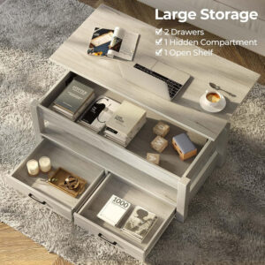 Rolanstar Coffee Table, Lift Top Coffee Table with Drawers and Hidden Compartment, Retro Central Table with Wooden Lift Tabletop, for Living Room,Espresso