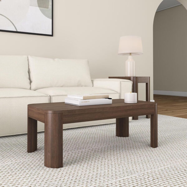 Plank+Beam Forma Coffee Table, Solid Wood 48 Inch Modern Coffee Table with Shelf, Contemporary Center Table with Storage Space, Rectangle Tea Table with Storage, Pecan
