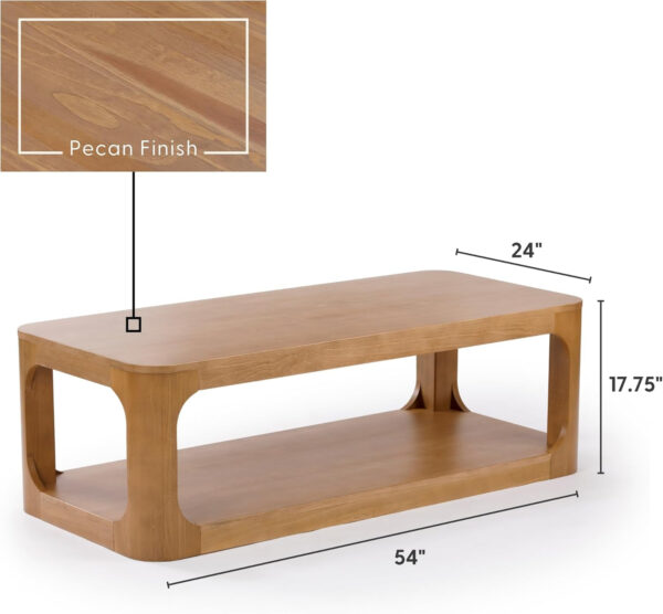 Plank+Beam Forma Coffee Table, Solid Wood 48 Inch Modern Coffee Table with Shelf, Contemporary Center Table with Storage Space, Rectangle Tea Table with Storage, Pecan