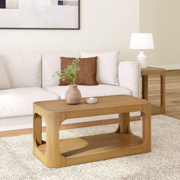 Plank+Beam Forma Coffee Table, Solid Wood 48 Inch Modern Coffee Table with Shelf, Contemporary Center Table with Storage Space, Rectangle Tea Table with Storage, Pecan