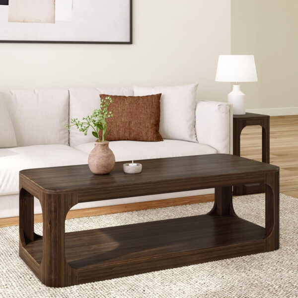 Plank+Beam Forma Coffee Table, Solid Wood 48 Inch Modern Coffee Table with Shelf, Contemporary Center Table with Storage Space, Rectangle Tea Table with Storage, Pecan