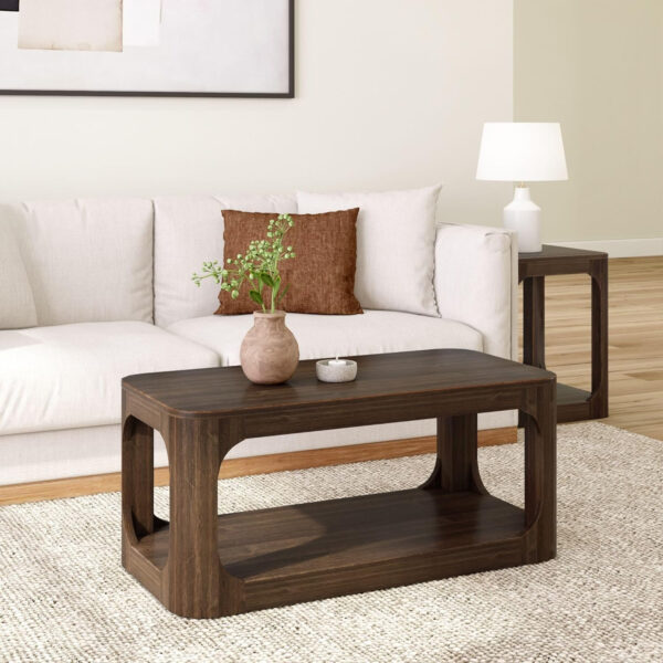 Plank+Beam Forma Coffee Table, Solid Wood 48 Inch Modern Coffee Table with Shelf, Contemporary Center Table with Storage Space, Rectangle Tea Table with Storage, Pecan