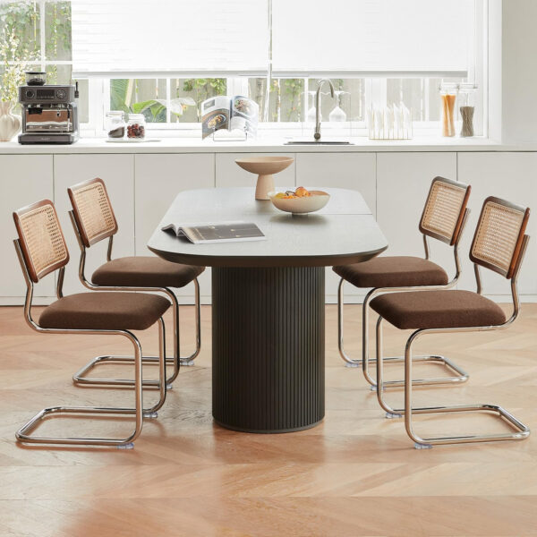 Brown Rattan Dining Chairs Set of 4,Wooden Mid-Century Modern Kitchen Chairs, Mesh Back Cane Dining Room Chairs, Cesca Chair with Metal Chrome Legs