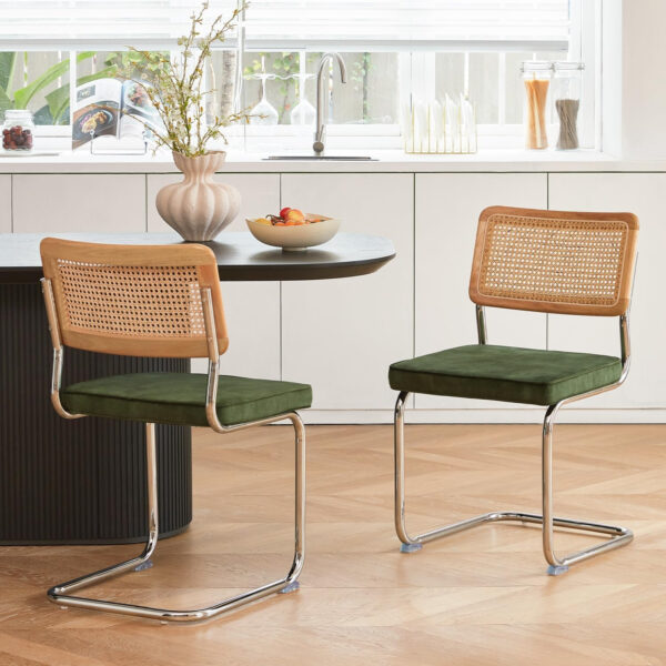 Brown Rattan Dining Chairs Set of 4,Wooden Mid-Century Modern Kitchen Chairs, Mesh Back Cane Dining Room Chairs, Cesca Chair with Metal Chrome Legs