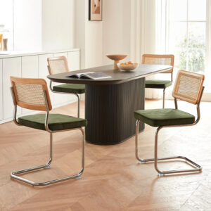 Brown Rattan Dining Chairs Set of 4,Wooden Mid-Century Modern Kitchen Chairs, Mesh Back Cane Dining Room Chairs, Cesca Chair with Metal Chrome Legs