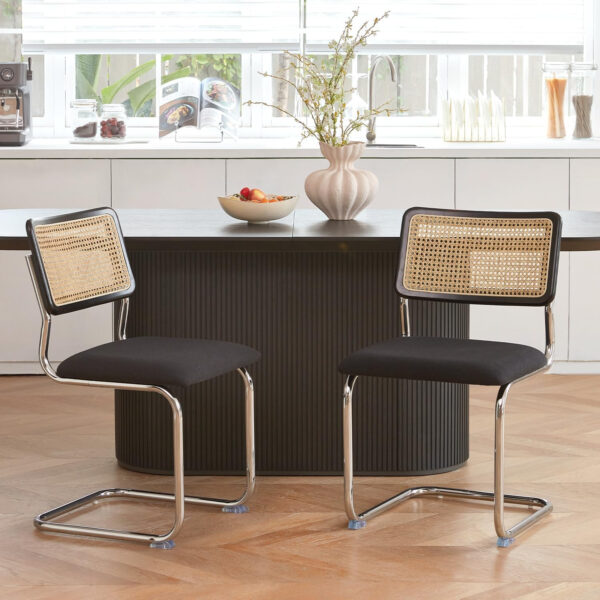 Brown Rattan Dining Chairs Set of 4,Wooden Mid-Century Modern Kitchen Chairs, Mesh Back Cane Dining Room Chairs, Cesca Chair with Metal Chrome Legs