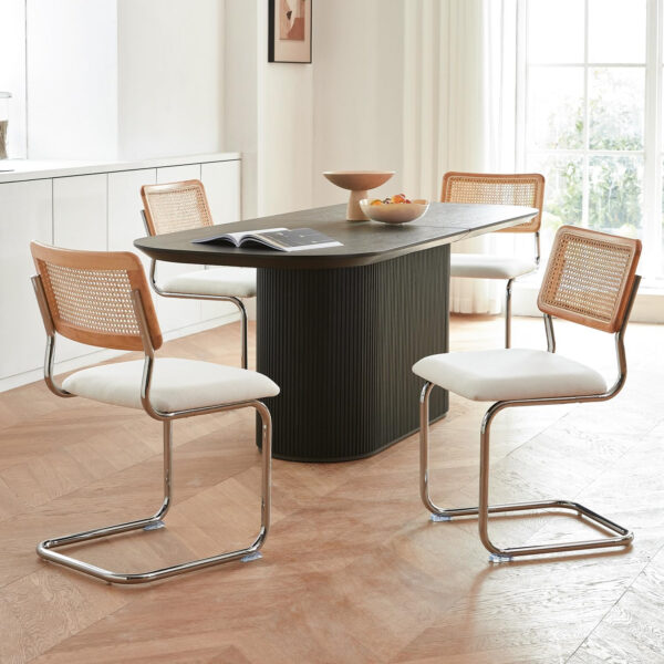 Brown Rattan Dining Chairs Set of 4,Wooden Mid-Century Modern Kitchen Chairs, Mesh Back Cane Dining Room Chairs, Cesca Chair with Metal Chrome Legs