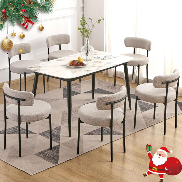 688718534949ba3bde92bf7144e46bc44953d69116259f16f505b.jpg EDWELL Black Boucle Dining Chairs Set of 4, Mid Century Modern Dining Room Chairs with 3.94“ Cushions, Round Upholstered Kitchen Chairs with Black Metal Legs for Dining Chair, Living Room