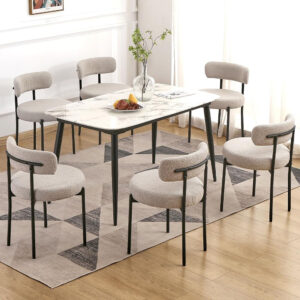 6887185b215577665c3828229f0dec129653f6f5f139c67383226.jpg EDWELL Black Boucle Dining Chairs Set of 4, Mid Century Modern Dining Room Chairs with 3.94“ Cushions, Round Upholstered Kitchen Chairs with Black Metal Legs for Dining Chair, Living Room