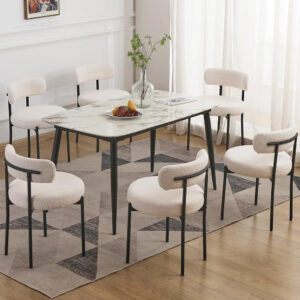 68871865b112b483c926490c270df6989da1d8775b131824b33ec.jpg EDWELL Black Boucle Dining Chairs Set of 4, Mid Century Modern Dining Room Chairs with 3.94“ Cushions, Round Upholstered Kitchen Chairs with Black Metal Legs for Dining Chair, Living Room