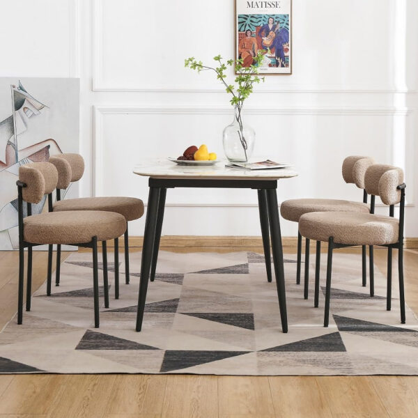 6887189c90153a484475c5df666e5b3dbb4022103dfe90e4e92b4.jpg EDWELL Black Boucle Dining Chairs Set of 4, Mid Century Modern Dining Room Chairs with 3.94“ Cushions, Round Upholstered Kitchen Chairs with Black Metal Legs for Dining Chair, Living Room