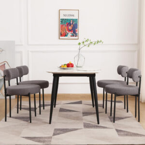 688718c470800dc8271fa580e4b37d2f3beb94869a6525544b933.jpg EDWELL Black Boucle Dining Chairs Set of 4, Mid Century Modern Dining Room Chairs with 3.94“ Cushions, Round Upholstered Kitchen Chairs with Black Metal Legs for Dining Chair, Living Room