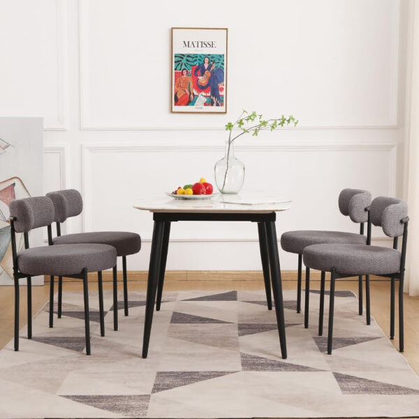 688718c470800dc8271fa580e4b37d2f3beb94869a6525544b933.jpg EDWELL Black Boucle Dining Chairs Set of 4, Mid Century Modern Dining Room Chairs with 3.94“ Cushions, Round Upholstered Kitchen Chairs with Black Metal Legs for Dining Chair, Living Room