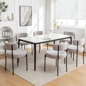 Boucle Dining Chairs Set of 4, Round Upholstered Dining Chairs with Black Metal Legs, Modern Dining Room Chairs for Dining Room, Kitchen, Living Room (Black)