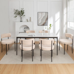 Boucle Dining Chairs Set of 4, Round Upholstered Dining Chairs with Black Metal Legs, Modern Dining Room Chairs for Dining Room, Kitchen, Living Room (Black)