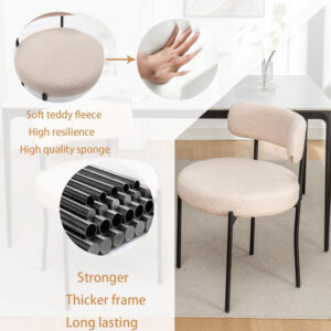 Boucle Dining Chairs Set of 4, Round Upholstered Dining Chairs with Black Metal Legs, Modern Dining Room Chairs for Dining Room, Kitchen, Living Room (Black)