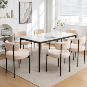 Boucle Dining Chairs Set of 4, Round Upholstered Dining Chairs with Black Metal Legs, Modern Dining Room Chairs for Dining Room, Kitchen, Living Room (Black)