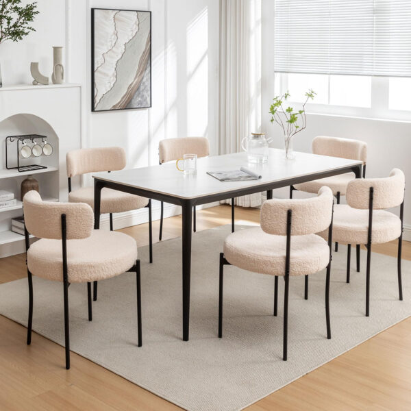 Boucle Dining Chairs Set of 4, Round Upholstered Dining Chairs with Black Metal Legs, Modern Dining Room Chairs for Dining Room, Kitchen, Living Room (Black)