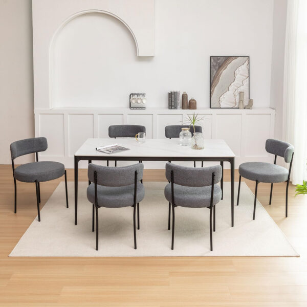 Boucle Dining Chairs Set of 4, Round Upholstered Dining Chairs with Black Metal Legs, Modern Dining Room Chairs for Dining Room, Kitchen, Living Room (Black)