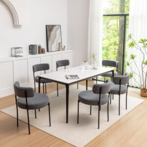 Boucle Dining Chairs Set of 4, Round Upholstered Dining Chairs with Black Metal Legs, Modern Dining Room Chairs for Dining Room, Kitchen, Living Room (Black)