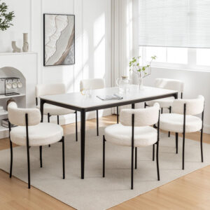 Boucle Dining Chairs Set of 4, Round Upholstered Dining Chairs with Black Metal Legs, Modern Dining Room Chairs for Dining Room, Kitchen, Living Room (Black)