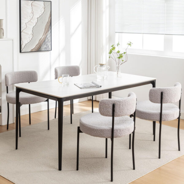 Boucle Dining Chairs Set of 4, Round Upholstered Dining Chairs with Black Metal Legs, Modern Dining Room Chairs for Dining Room, Kitchen, Living Room (Black)