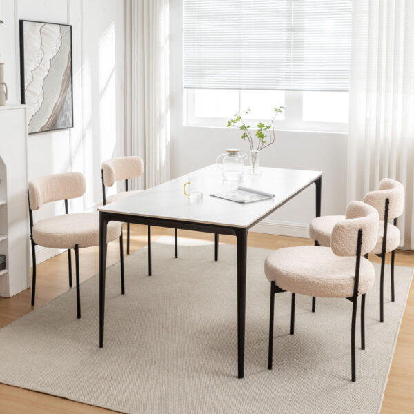 Boucle Dining Chairs Set of 4, Round Upholstered Dining Chairs with Black Metal Legs, Modern Dining Room Chairs for Dining Room, Kitchen, Living Room (Black)