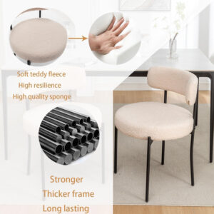 Boucle Dining Chairs Set of 4, Round Upholstered Dining Chairs with Black Metal Legs, Modern Dining Room Chairs for Dining Room, Kitchen, Living Room (Black)