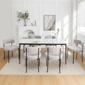 Boucle Dining Chairs Set of 4, Round Upholstered Dining Chairs with Black Metal Legs, Modern Dining Room Chairs for Dining Room, Kitchen, Living Room (Black)