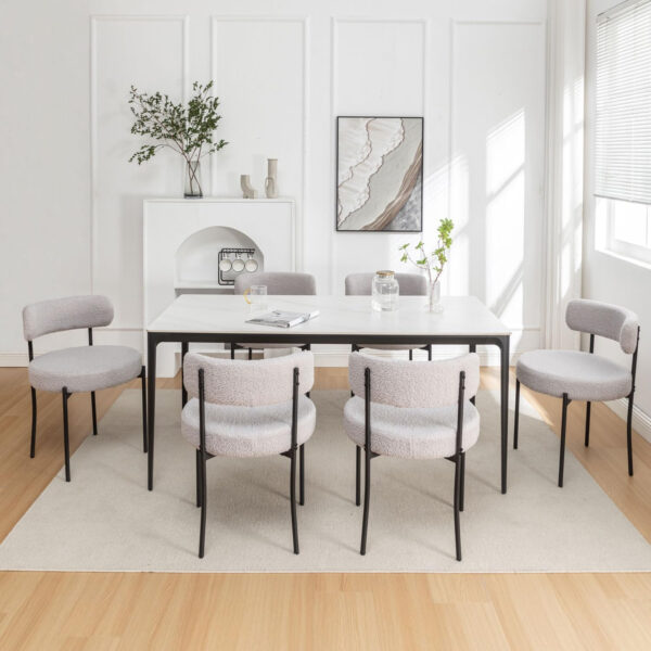 Boucle Dining Chairs Set of 4, Round Upholstered Dining Chairs with Black Metal Legs, Modern Dining Room Chairs for Dining Room, Kitchen, Living Room (Black)
