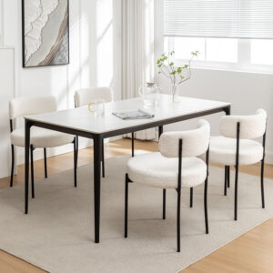 Boucle Dining Chairs Set of 4, Round Upholstered Dining Chairs with Black Metal Legs, Modern Dining Room Chairs for Dining Room, Kitchen, Living Room (Black)