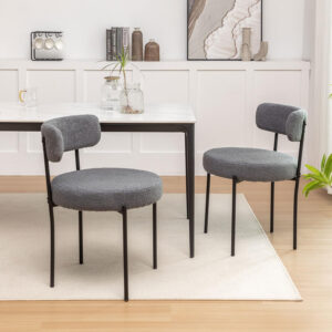 Boucle Dining Chairs Set of 4, Round Upholstered Dining Chairs with Black Metal Legs, Modern Dining Room Chairs for Dining Room, Kitchen, Living Room (Black)