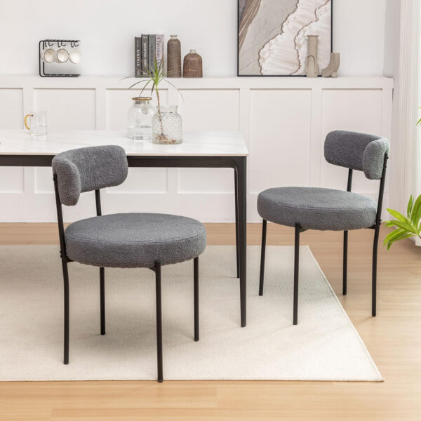 Boucle Dining Chairs Set of 4, Round Upholstered Dining Chairs with Black Metal Legs, Modern Dining Room Chairs for Dining Room, Kitchen, Living Room (Black)