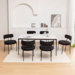 Boucle Dining Chairs Set of 4, Round Upholstered Dining Chairs with Black Metal Legs, Modern Dining Room Chairs for Dining Room, Kitchen, Living Room (Black)