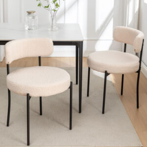 Boucle Dining Chairs Set of 4, Round Upholstered Dining Chairs with Black Metal Legs, Modern Dining Room Chairs for Dining Room, Kitchen, Living Room (Black)