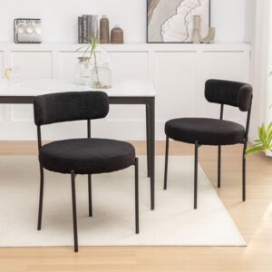 Boucle Dining Chairs Set of 4, Round Upholstered Dining Chairs with Black Metal Legs, Modern Dining Room Chairs for Dining Room, Kitchen, Living Room (Black)