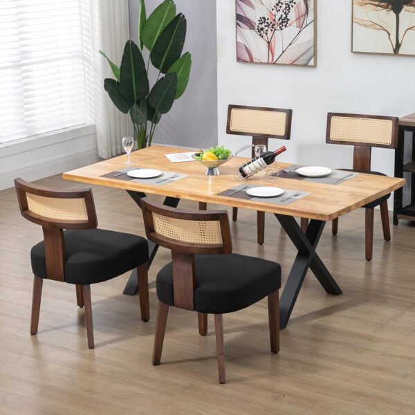 Upholstered Rattan Dining Chairs Set of 4, Mid-Century Modern Fabric Dining Room Chairs with Brown Hardwood Frame, Curved Backrest Kitchen Armless Accent Chairs for Living Room (Black)