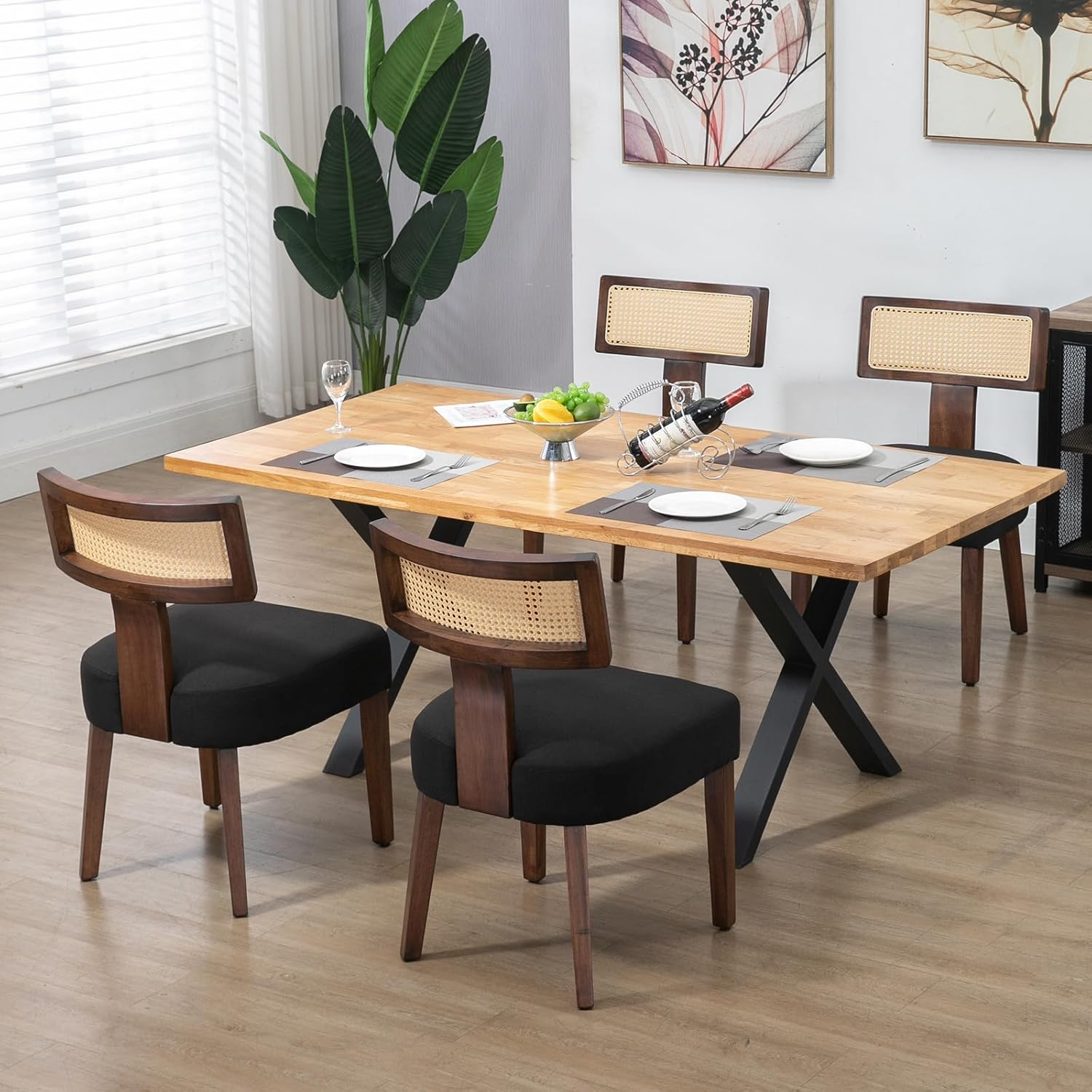 Upholstered Rattan Dining Chairs Set of 4, Mid-Century Modern Fabric Dining Room Chairs with Brown Hardwood Frame, Curved Backrest Kitchen Armless Accent Chairs for Living Room (Black)