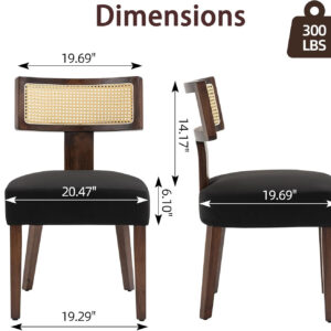 Upholstered Rattan Dining Chairs Set of 4, Mid-Century Modern Fabric Dining Room Chairs with Brown Hardwood Frame, Curved Backrest Kitchen Armless Accent Chairs for Living Room (Black)